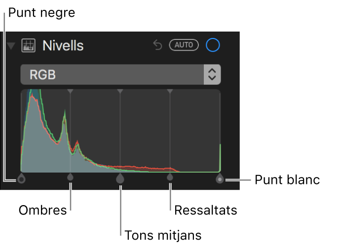 Els controls de nivell a l’histograma corresponent a RGB (d’esquerra a dreta): punt negre, ombres, tons mitjans, ressaltats i punt blanc.