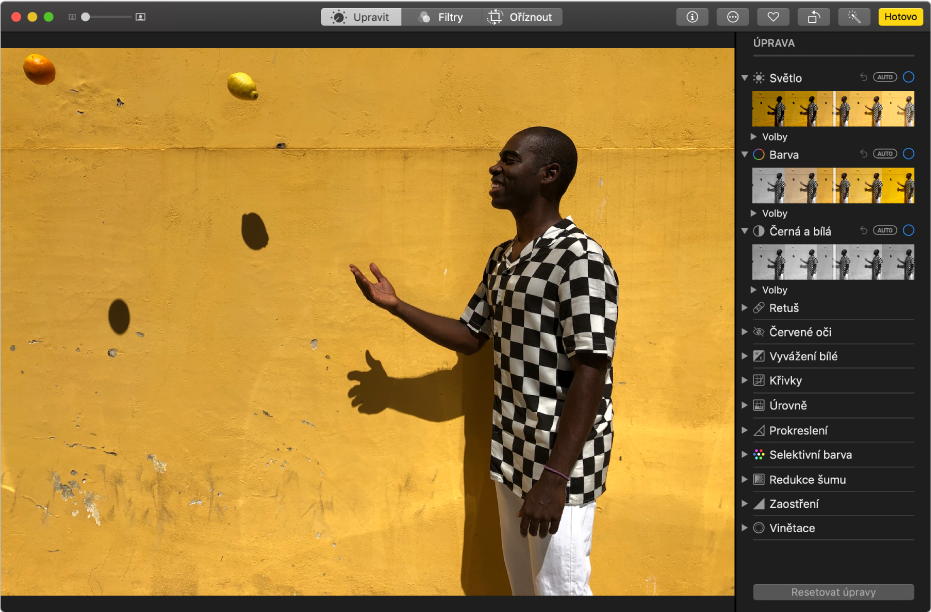 Fotografie v zobrazení pro úpravy s nástroji pro úpravy na pravé straně.
