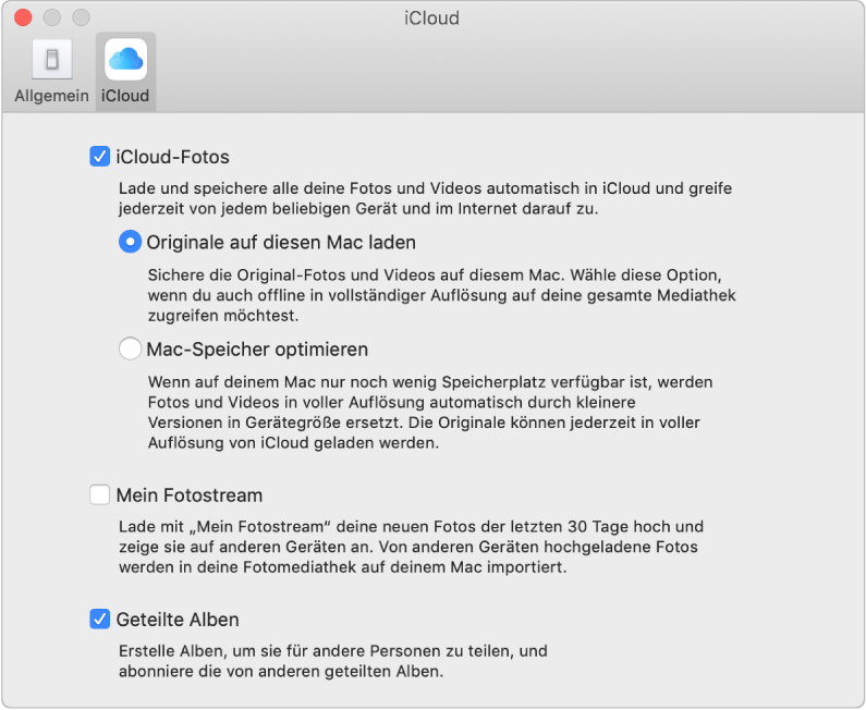 Der Bereich „iCloud“ in den Einstellungen der App „Fotos“.