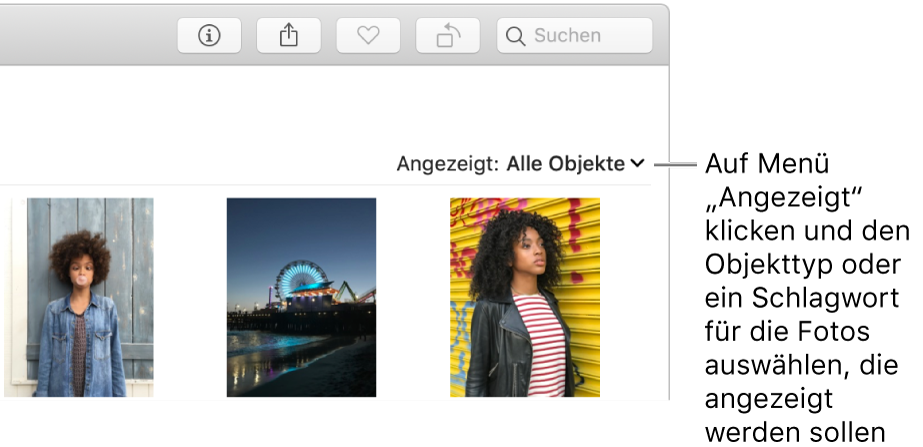 Das Einblendmenü „Anzeigen“ mit der ausgewählten Option zum Anzeigen aller Objekte.