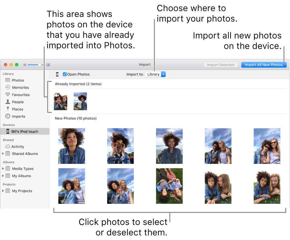 Photos on the device that you’ve already imported are shown at the top of the pane; new photos are at the bottom. At the top centre is the “Import to” pop-up menu. The Import All New Photos button is in the top right corner.