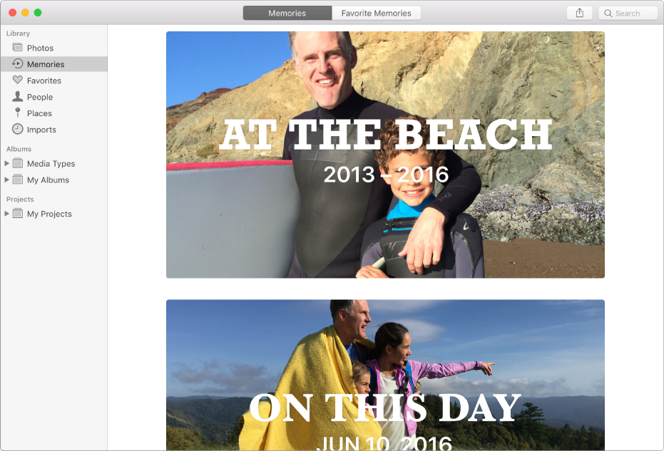 The Photos window showing Memories selected in the sidebar and two memories displayed on the right.