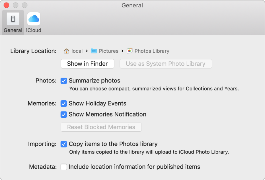 The General pane of Photos preferences.