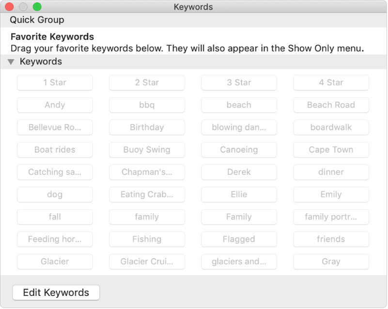 The Keyword Manager window.