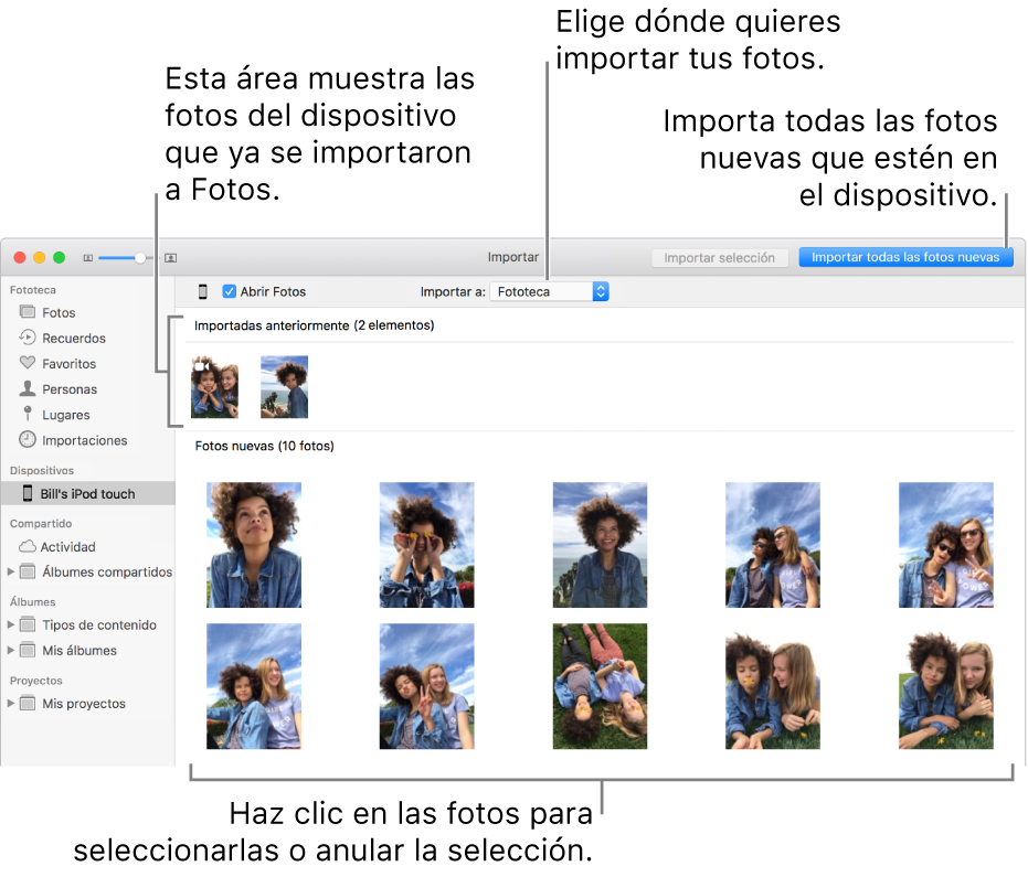 Las fotos en el dispositivo que ya importaste se muestran en la parte superior del panel; las fotos nuevas se muestran en la parte inferior. En parte central superior se encuentra el menú desplegable “Importar a”. El botón “Importar todas las fotos nuevas” se encuentra en la parte superior derecha.