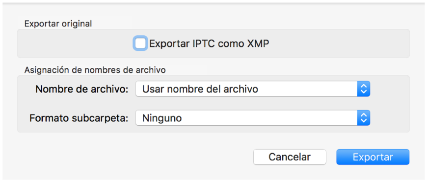 Un cuadro de diálogo en el que se muestran opciones para exportar los archivos de foto en su formato original.