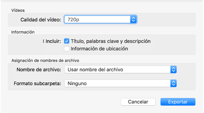 Un cuadro de diálogo en el que se muestran opciones para exportar vídeos.