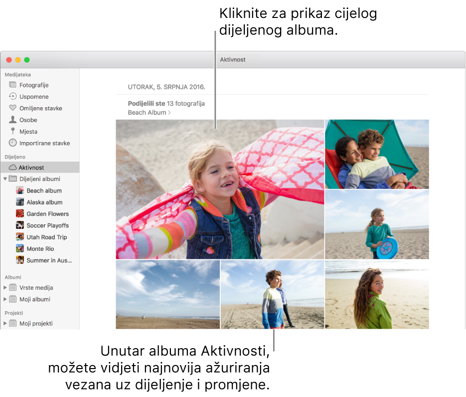 Prozor aplikacije Foto s prikazanim albumom Aktivnost.