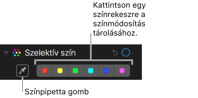 A Szelektív szín vezérlői a Pipetta gombbal és színrekeszekkel.