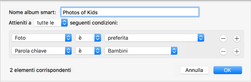Una finestra di dialogo con i criteri per un album smart.