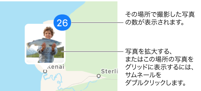 地図上に配置された写真のサムネール。