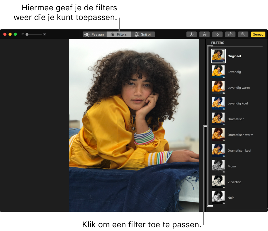 De foto in bewerkingsweergave met filters aan de rechterkant.