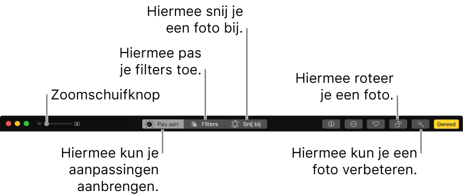 De wijzigingsknoppenbalk met knoppen om aanpassingen aan te brengen, filters toe te voegen en foto's bij te snijden.