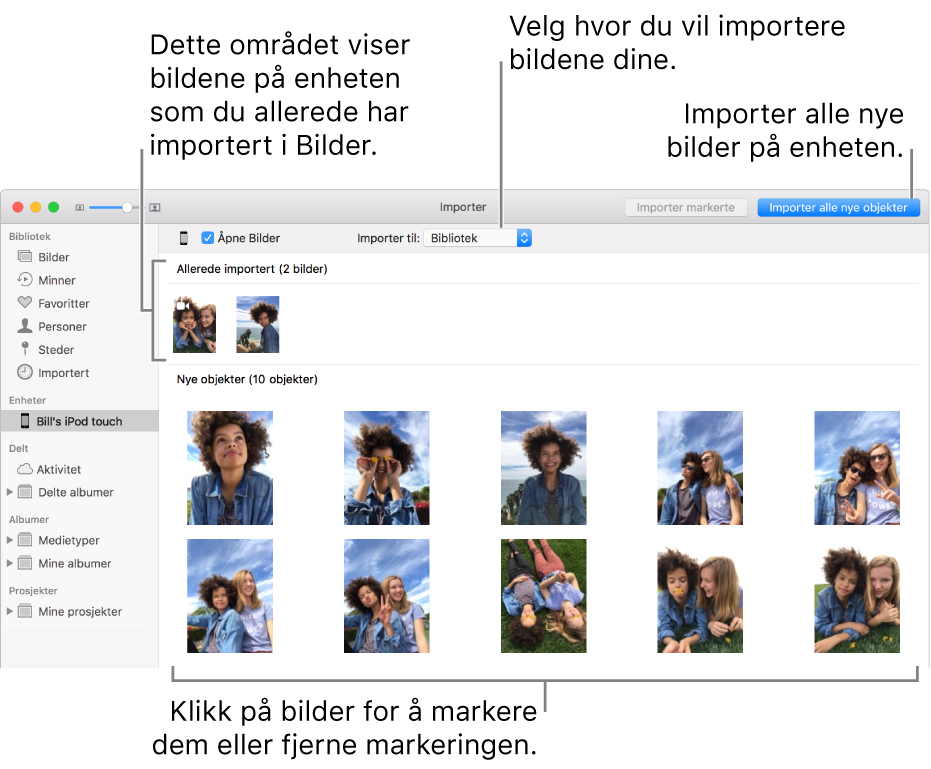 Bilder på enheten som du allerede har importert vises øverst i panelet. Nye bilder er nederst. Øverst i midten er «Importer til»-lokalmenyen. Importer alle nye bilder-knappen er øverst til høyre.