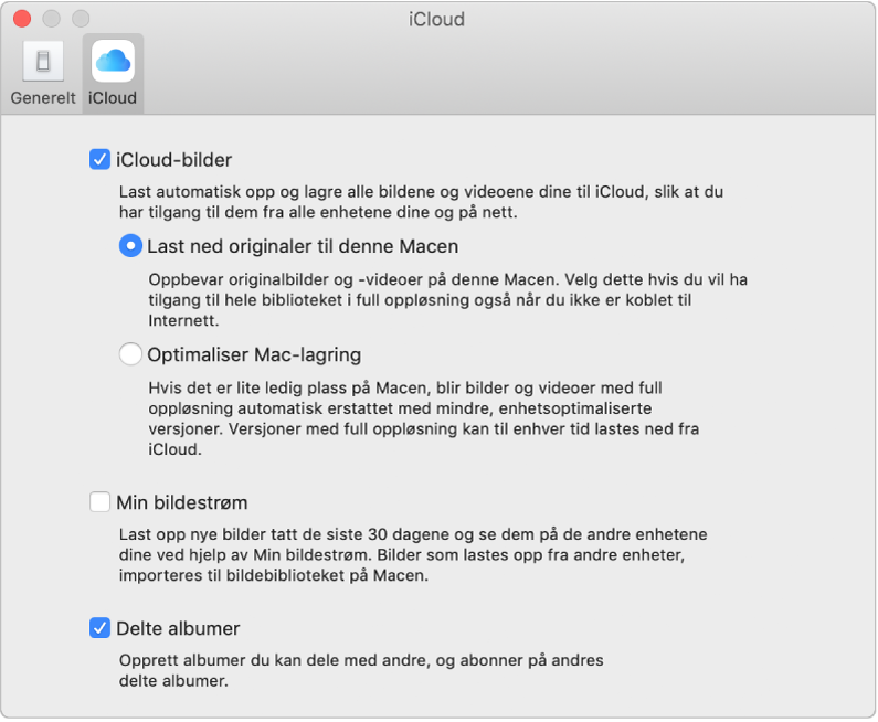 iCloud-panelet i Bilder-valg.