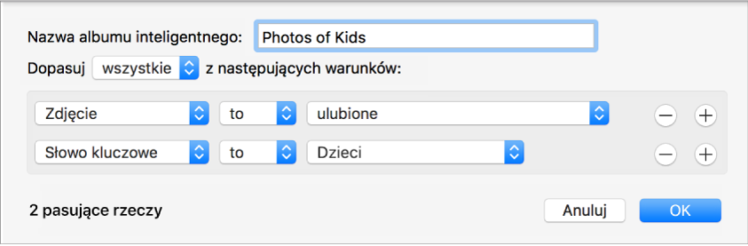 Okno dialogowe pokazujące kryteria albumu inteligentnego.