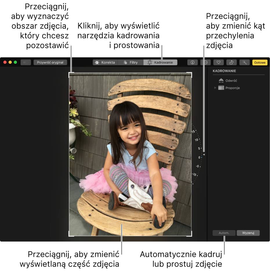 Zdjęcie w widoku edycji z opcjami kadrowania oraz prostowania.