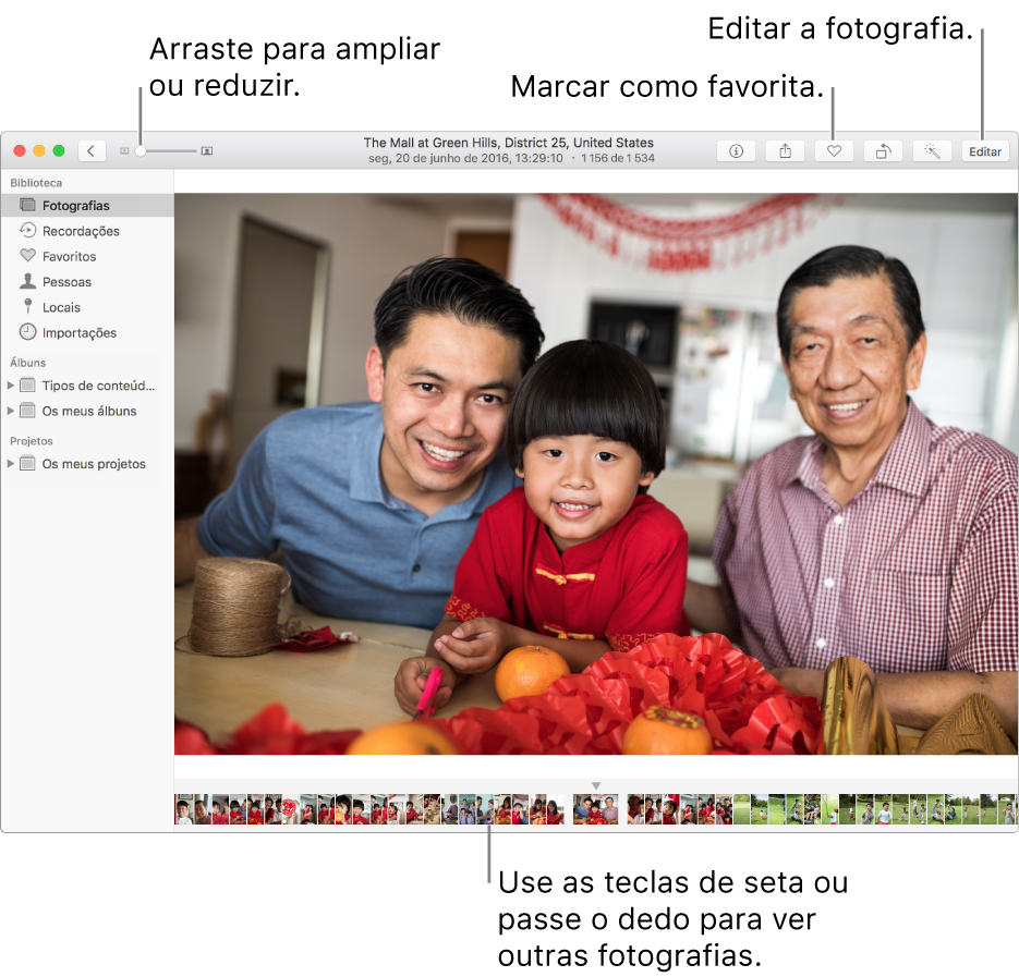 A janela de Fotografias que mostra uma fotografia ampliada à direita e uma linha de miniaturas por baixo. A barra de ferramentas na parte superior inclui o nivelador de ampliação, o botão Favorito e o botão Editar.