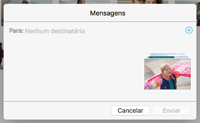 Uma caixa de diálogo para adicionar destinatários ao partilhar fotografias a partir da aplicação Fotografias através da aplicação Mensagens.