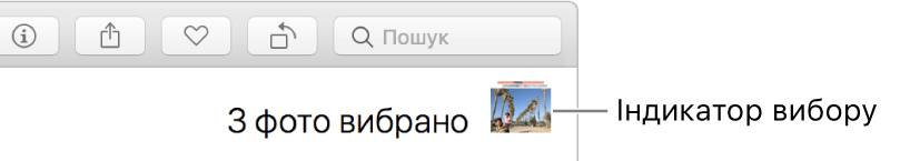 Індикатор вибору з трьома вибраними фотографіями.