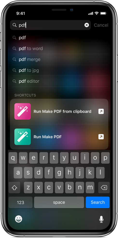بحث في iOS عن كلمة الاختصار المفتاحية "pdf"، ونتائج البحث تعرض: "تشغيل اختصار إنشاء PDF من الحافظة" و"تشغيل اختصار إنشاء PDF".