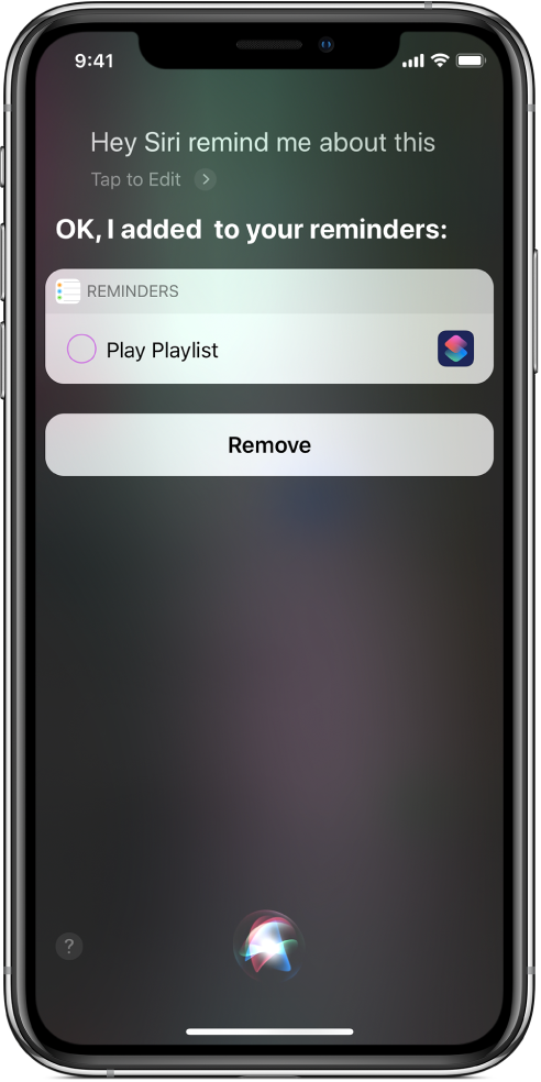 Siri-Bildschirm mit einem zu deinen Erinnerungen hinzugefügten Kurzbefehl.