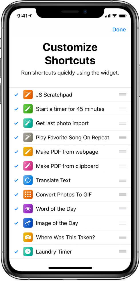 Manage Shortcuts screen.