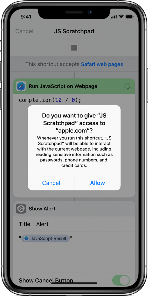 The shortcut editor showing a prompt to allow the shortcut to run on a specific domain.