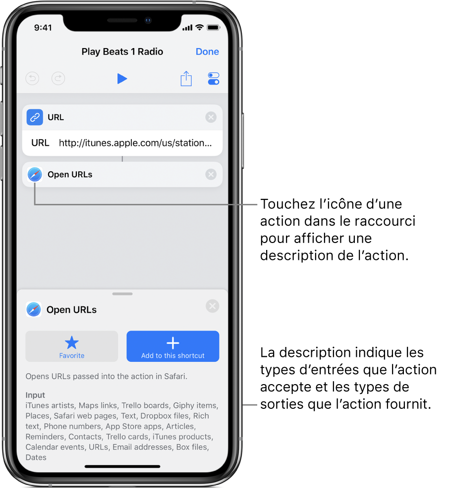 Éditeur de raccourci montrant une description de l’action Ouvrir les URL.