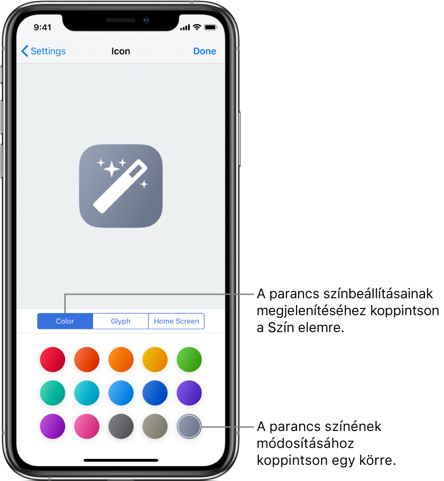 A parancs szín beállításait ábrázoló Ikon képernyő.