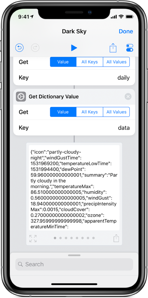 Tindakan Dapatkan Nilai Kamus dalam editor pintasan dengan kunci disetkan ke data.