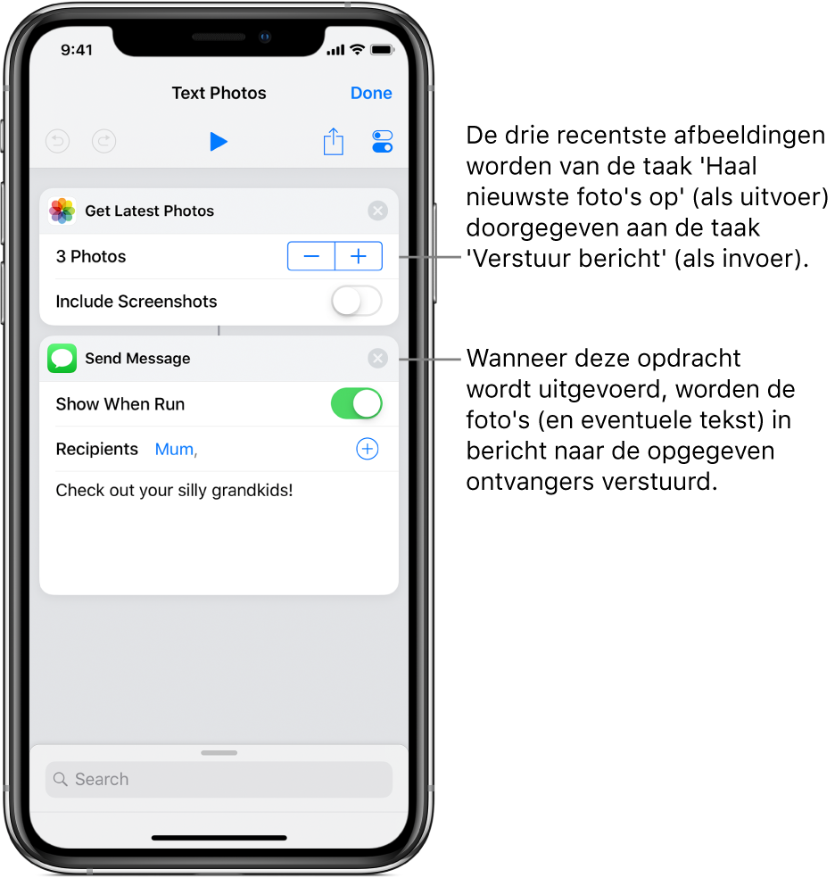 Opdracht met de taak 'Haal nieuwste foto's op' en de taak 'Verstuur bericht'.