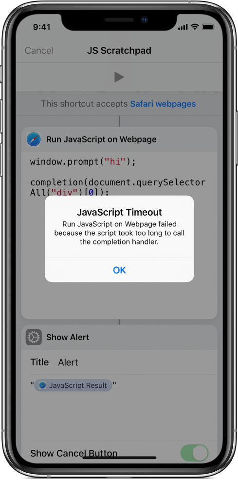 De opdrachteneditor met een foutmelding 'JavaScript Timeout'.