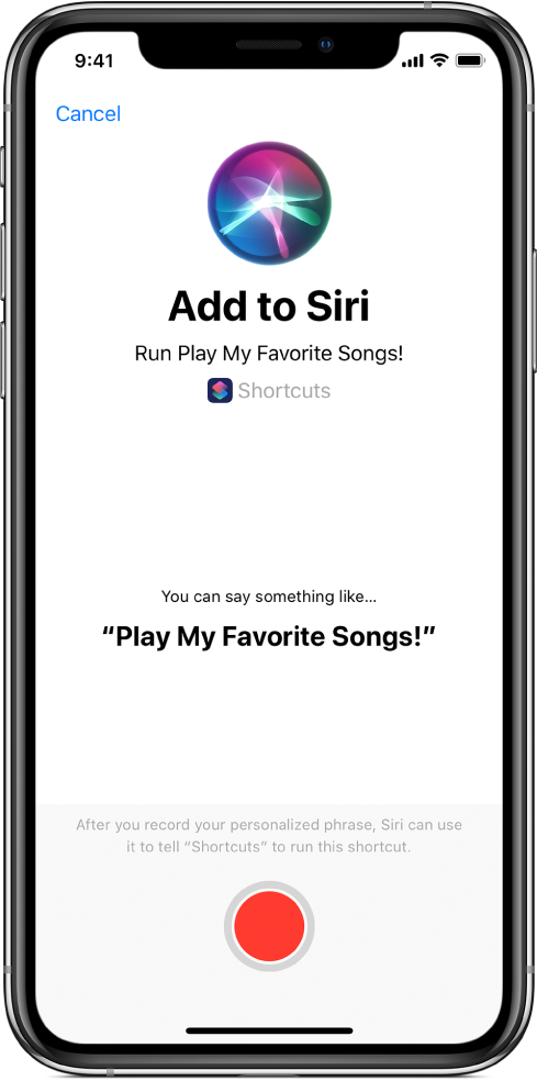 帶有錄製按鈕的「加入到 Siri」畫面。