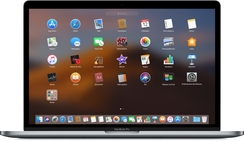 El Launchpad mostra icones d’apps en un patró de retícula per tota la pantalla.