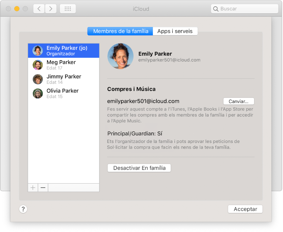 El tauler “Membres de la família” de les preferències de l’iCloud.
