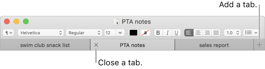 A TextEdit window with three tabs in the tab bar, located below the formatting bar. One tab shows the Close button. The Add button is located at the right end of the tab bar.