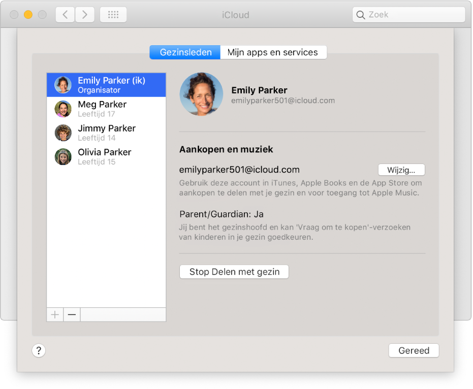 Het paneel 'Gezinsleden' in het iCloud-voorkeurenpaneel.