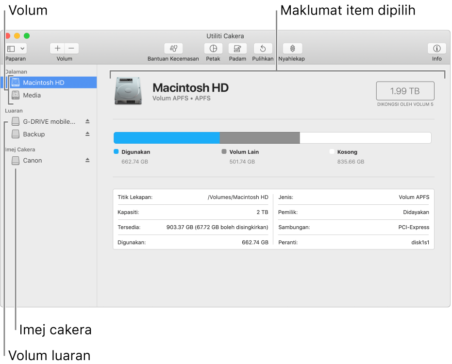 Tetingkap Utiliti Cakera, menunjukkan volum APFS pada cakera dalaman, volum pada cakera luaran dan imej cakera.