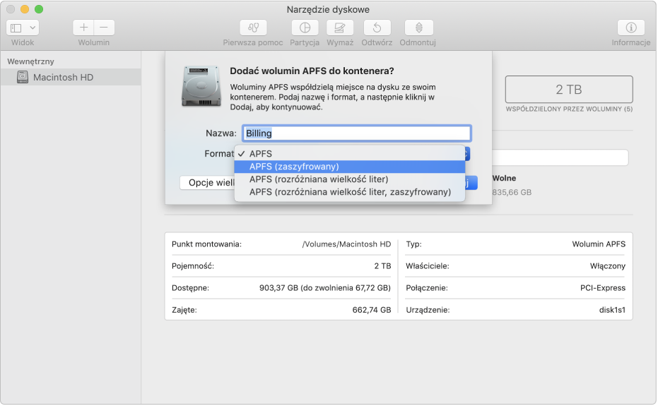 Opcja APFS (szyfrowany) w menu Format.