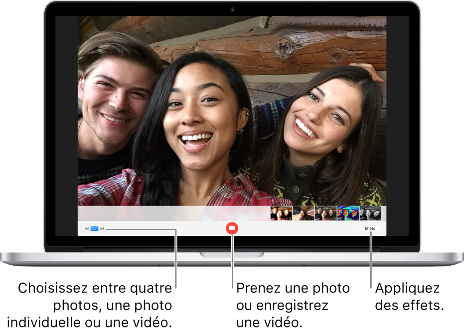 La fenêtre en représentant Photo Booth avec le bouton Prendre une photo sélectionné. L’option permettant de prendre une seule photo est sélectionnée en bas à gauche de la fenêtre. Le bouton Effets est activé en bas à droite de la fenêtre.