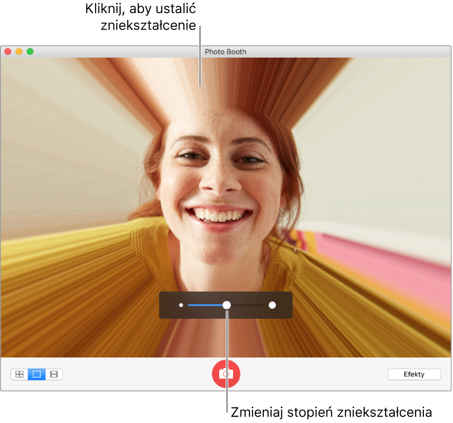 Okno Photo Booth zawierające podgląd efektu zniekształcenia oraz suwak modyfikujący działanie efektu zniekształcenia.