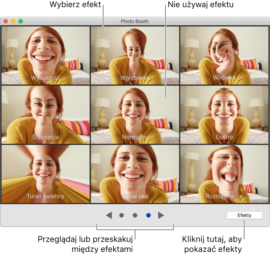 Okno aplikacji Photo Booth zawierające stronę efektów, takich jak Lustro, oraz przyciski na dole po środku okna. Przycisk Efekty pojawia się w prawej dolnej części okna.