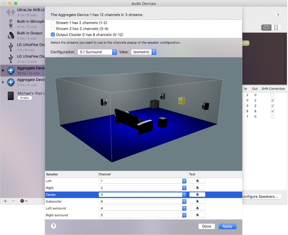 The Audio Devices window showing an aggregate device in the 3D Isometric View. In the list of streams at the top of the window, a stream with 8 channels is selected. The center speaker is selected in the 3D view and in the list of speakers below the view.