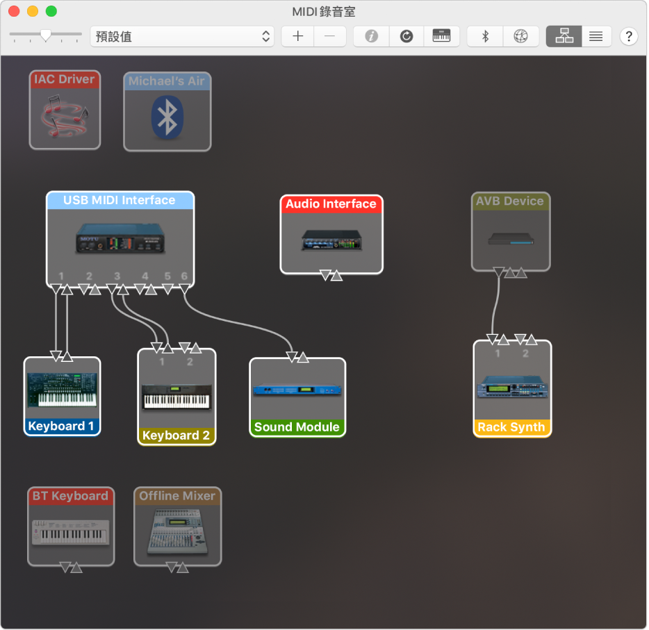 「MIDI 錄音室」視窗以「階層顯示方式」顯示多部 MIDI 裝置。