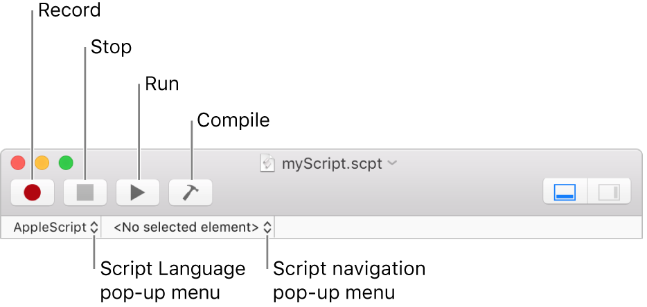 The Script Editor toolbar showing the record, stop, run, compile, script language and script navigation controls.