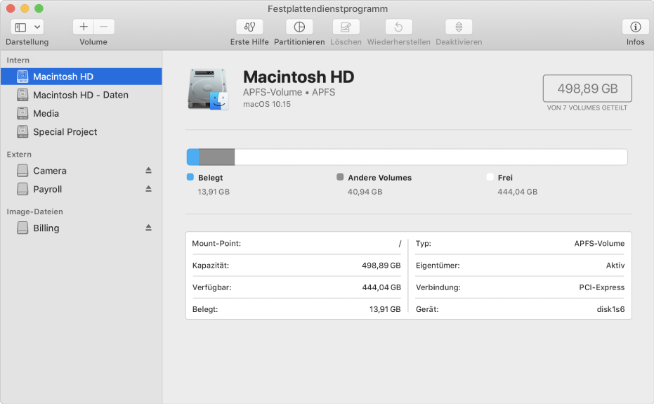Ein in der Seitenleiste ausgewähltes APFS-Volume mit den zugehörigen Informationen.