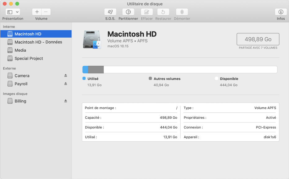 Un volume APFS sélectionné dans la barre latérale, affichant des informations sur le volume.