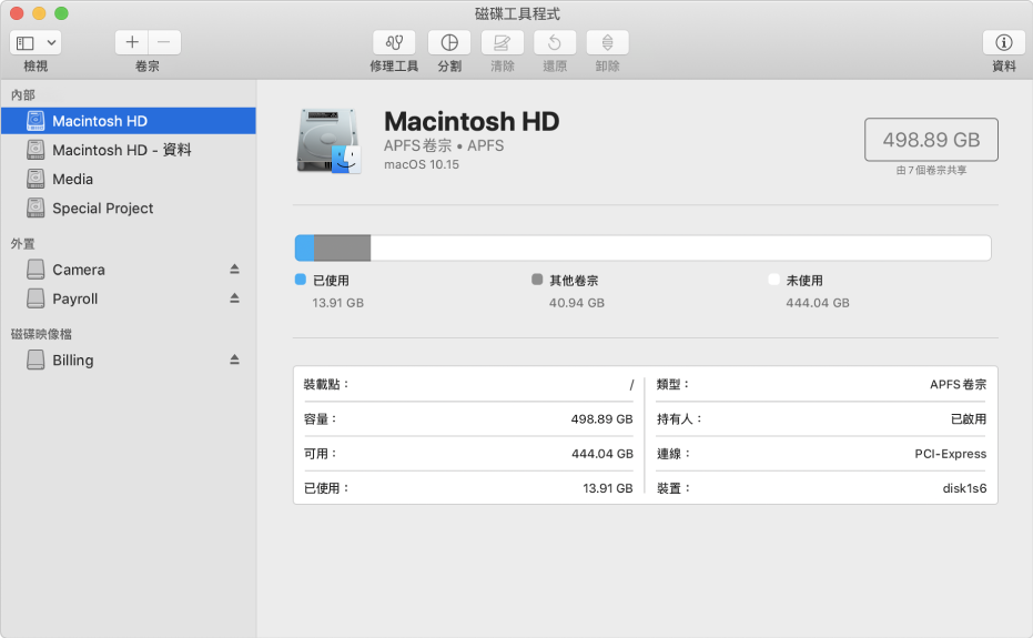 「磁碟工具程式」視窗，顯示內置磁碟上的 APFS 卷宗、外置磁碟上的卷宗和磁碟映像檔。