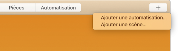 Le coin supérieur droit de l’écran Maison affichant Ajouter une automatisation et Ajouter une scène dans le menu.